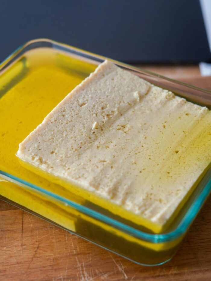 Tofu soaked in leftover pickle juice.