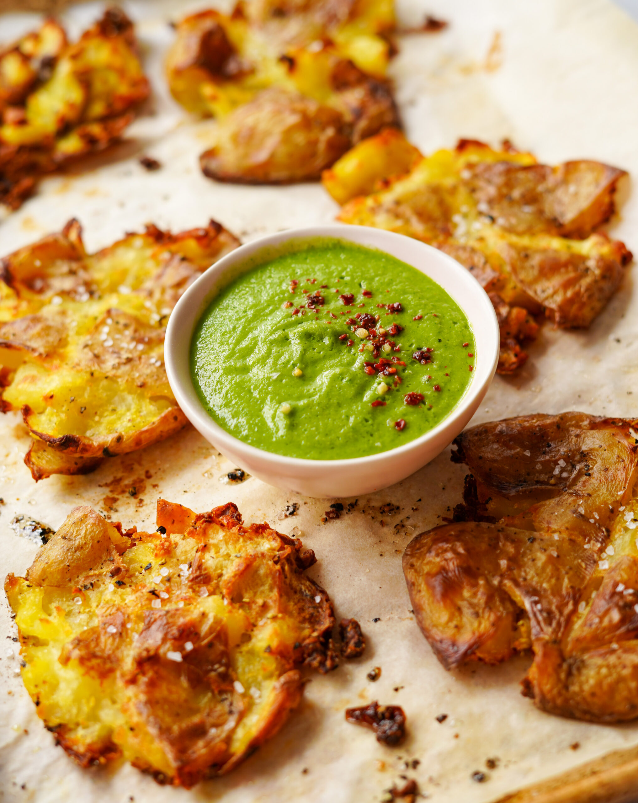 Paprika-Parmesan Smashed Potatoes with Garlic Aioli - Dishing Out