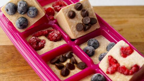 frozen pancake batter in pink ice cube tray