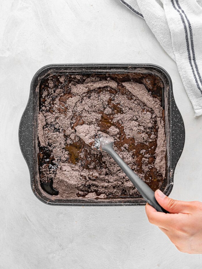 Wacky Cake Depression Era Cake ingredients mixed in the pan.