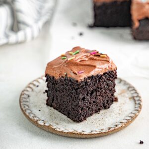 wacky cake depression era cake on a white plate with a backdrop