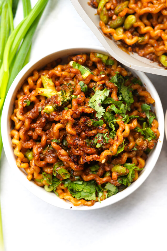 spicy peanut noodles view from the top down