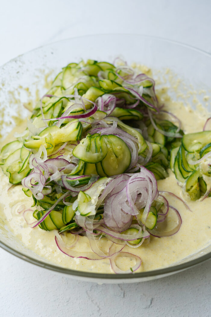 Scarpaccia Zucchini Tart raw ingredients in the batter