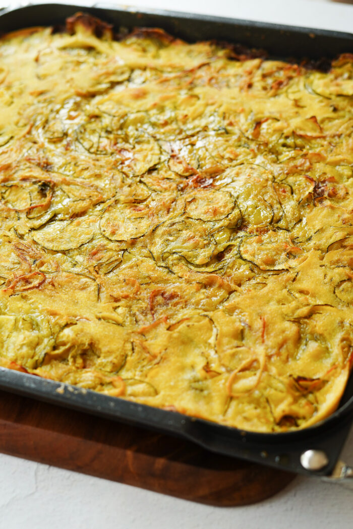 Scarpaccia Zucchini Tart close up from the front in the pan