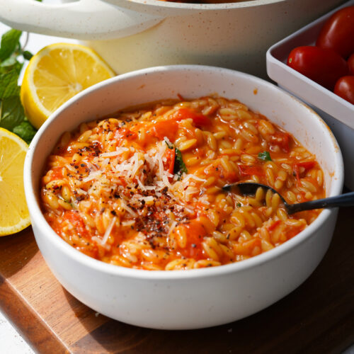 Creamy Orzo with Blistered Tomatoes