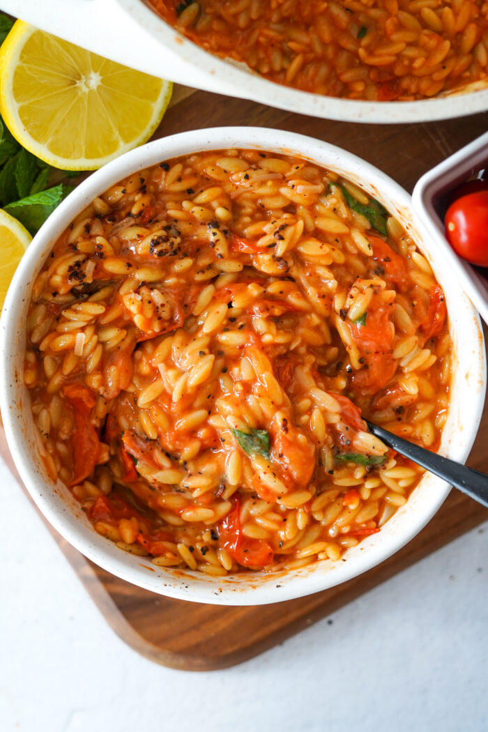 tomato orzo served in a bowl top view