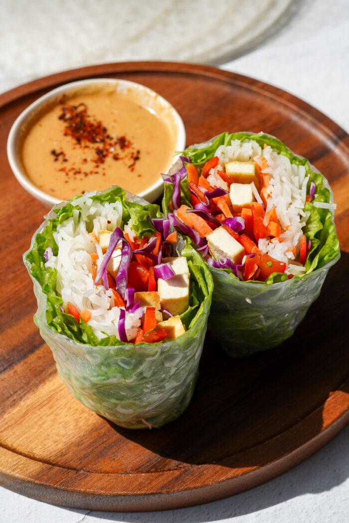 giant spring rolls served with peanut sauce