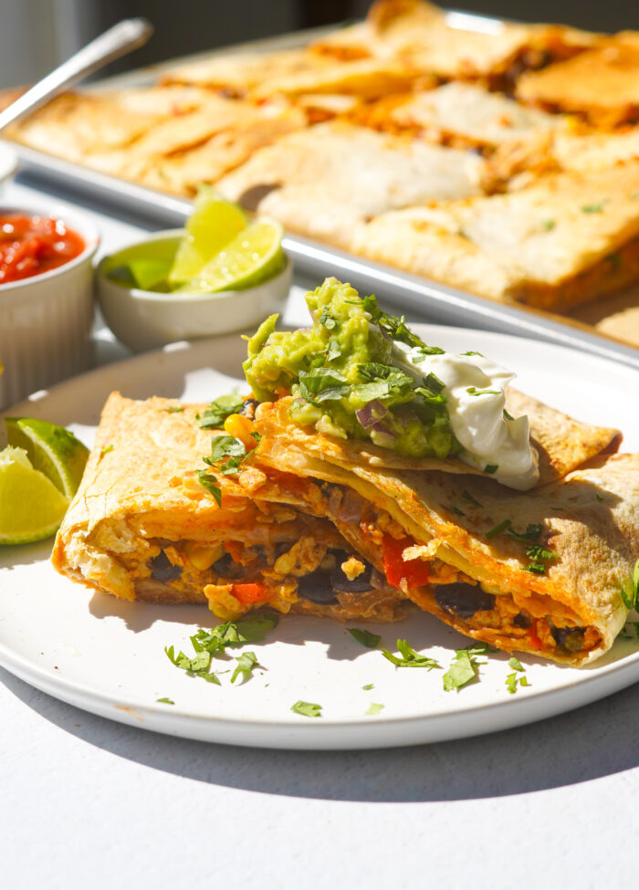 vegan quesadillas served on a white plate