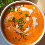 butternut squash and red pepper soup top down view