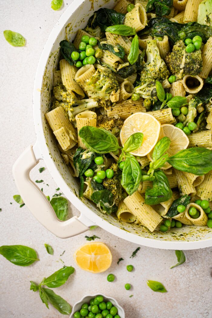 creamy one pot green pasta close up served with lemon and basil