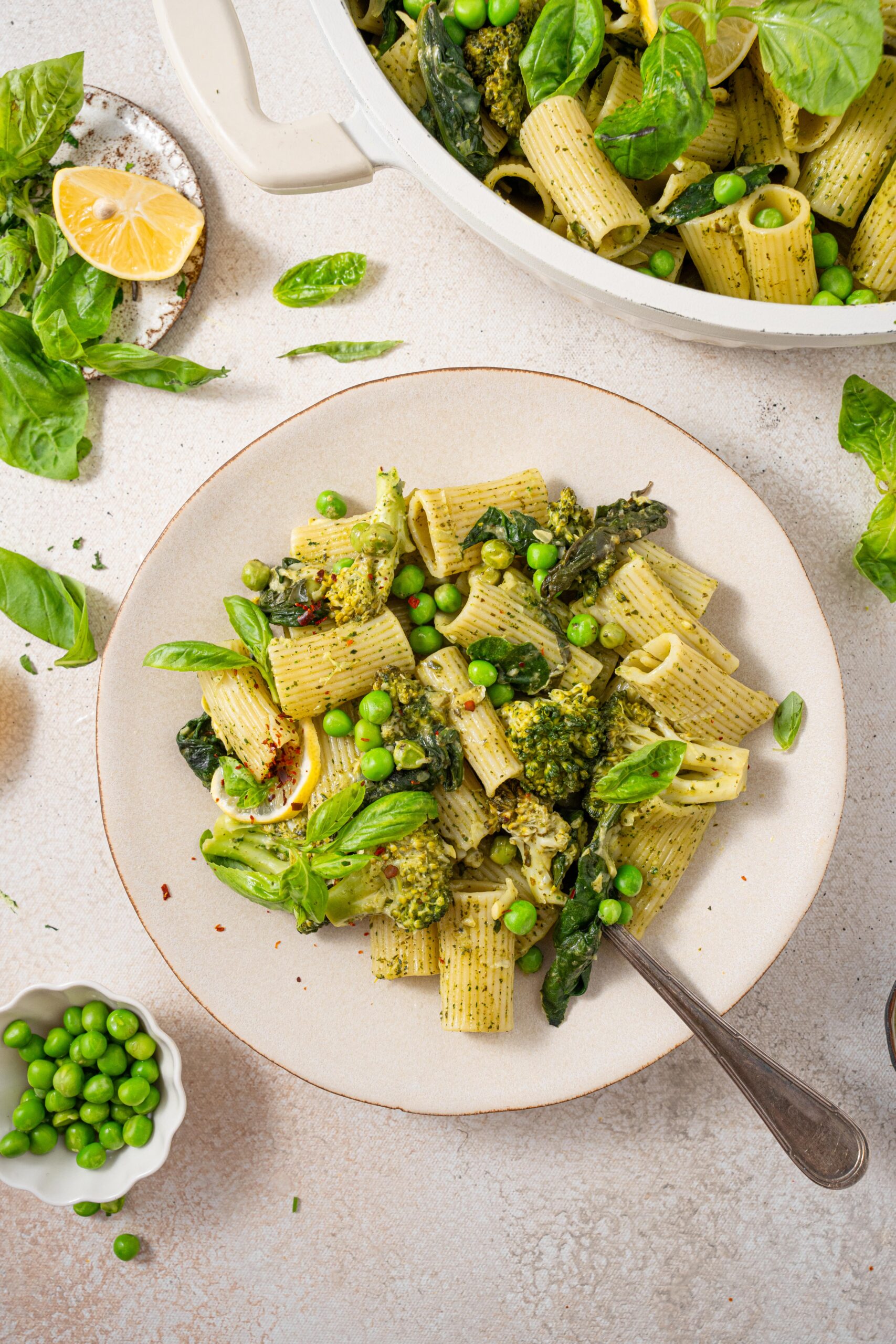 creamy one pot green pasta served in white bowl