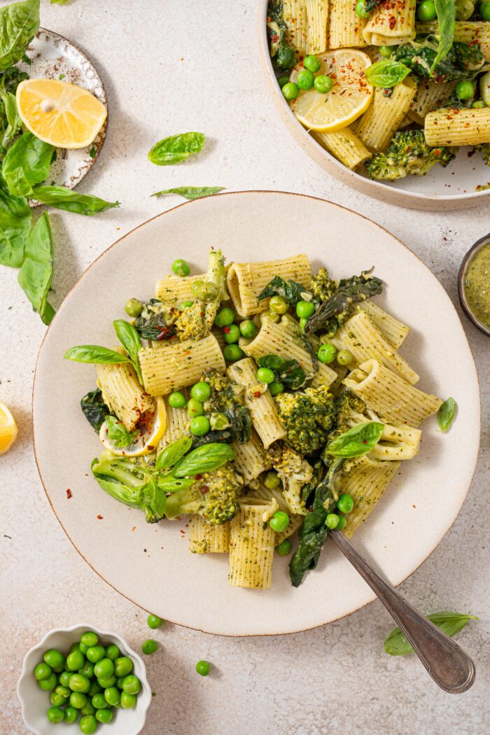 creamy one pot green pasta served on a white plate