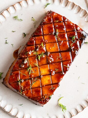 vegan ham served on a plate top down view