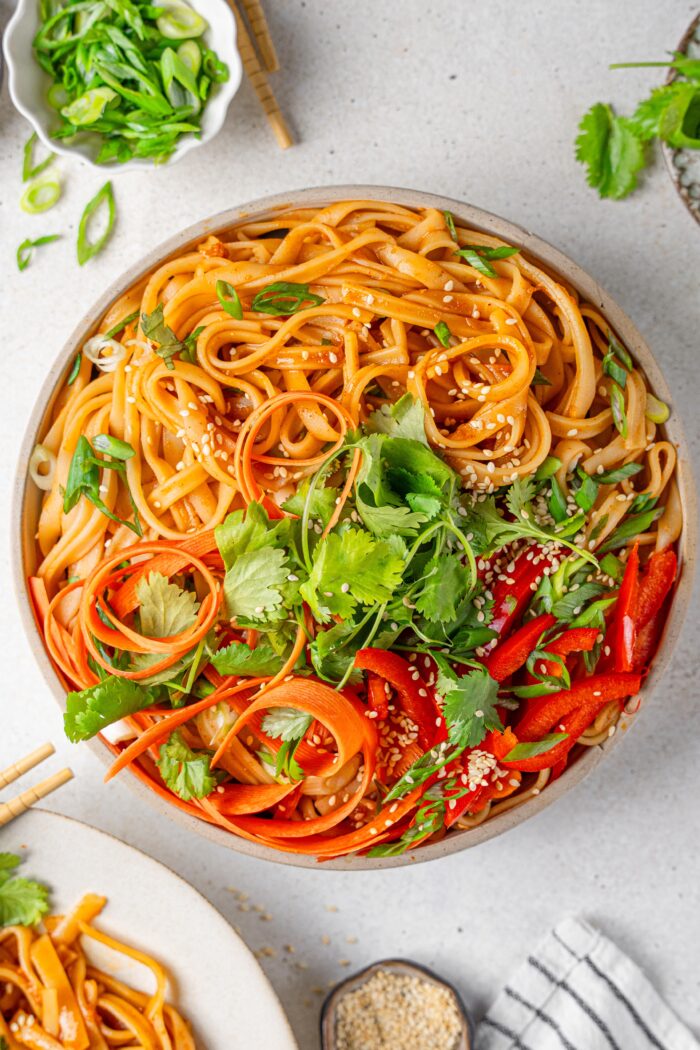 fiery gochujang noodles served with fresh vegetables top down close up