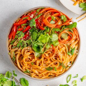 fiery gochujang noodles top down view