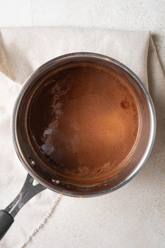 Healthy vegan hot chocolate in the saucepan.
