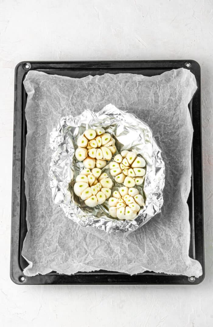 garlic heads sliced and wrapped in foil