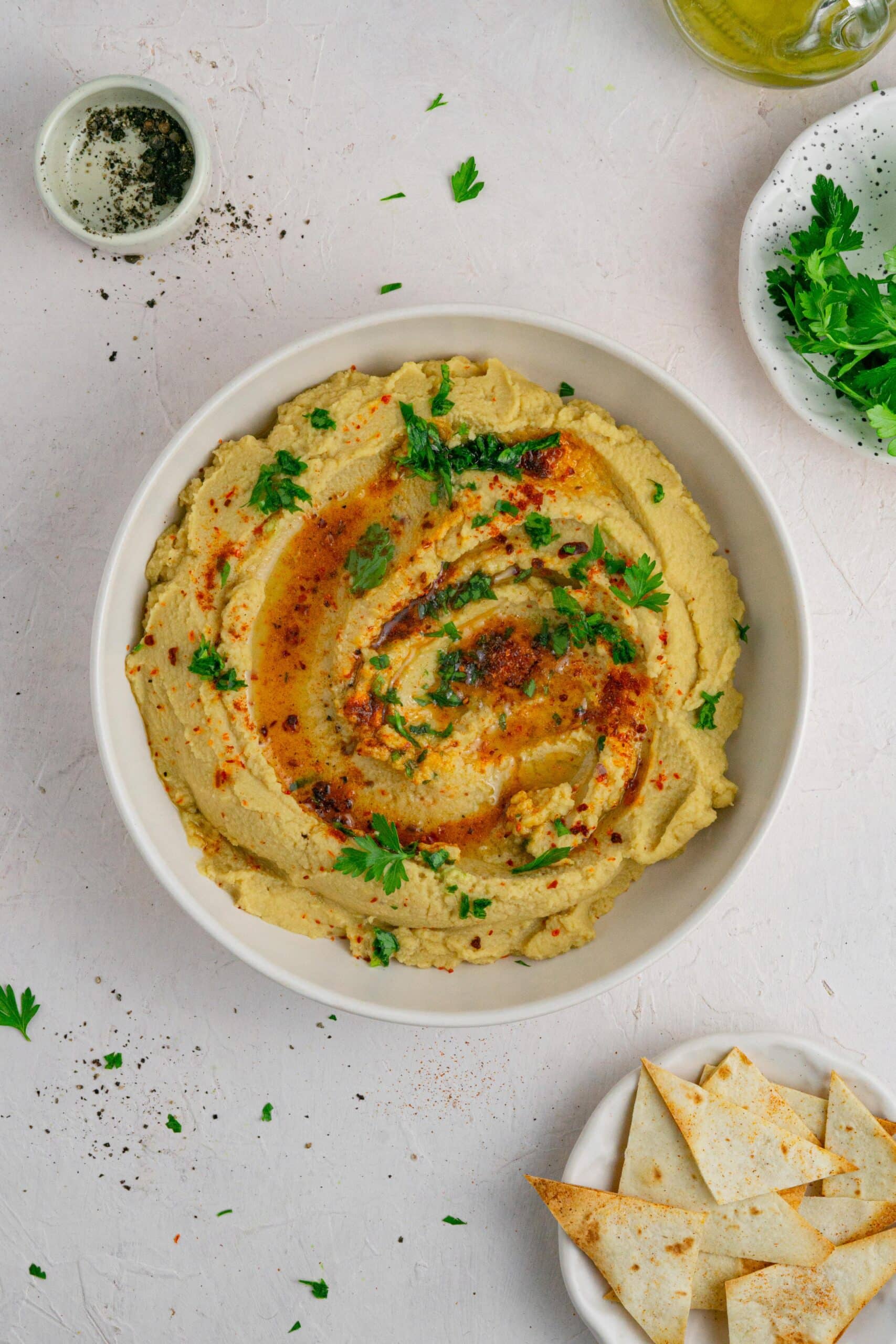 red lentil hummus top down with paprika and parsley