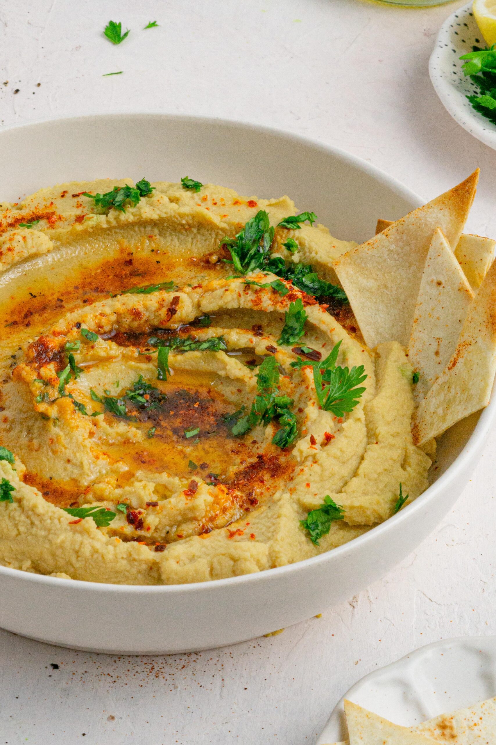 red lentil hummus with paprika herbs and tortilla chips
