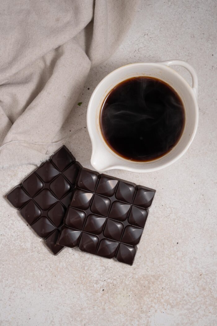 dark chocolate and coffee in a white jug