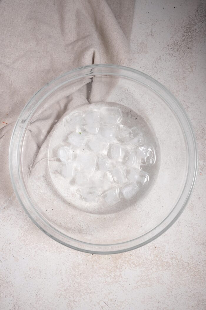 A glass bowl with ice and water.