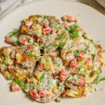 close up of smashed potato salad