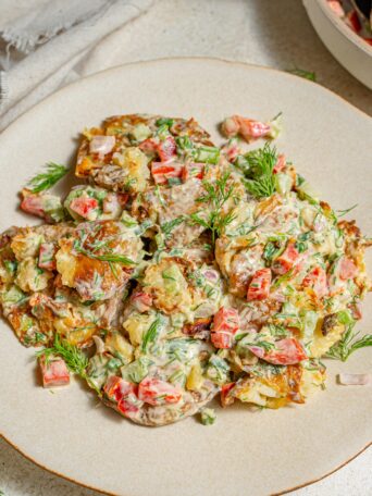 close up of smashed potato salad