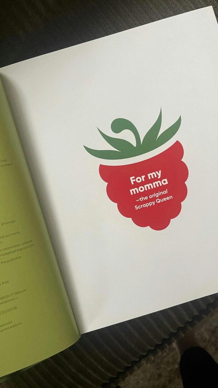 dedication to Carleigh's mom Debbie Bodrug in the Scrappy Cookbook