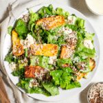 top down view of vegan caesar salad with crispy tofu