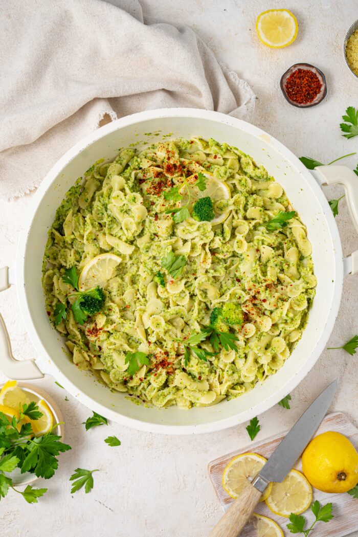 easy broccoli pasta served with garnish in a pan