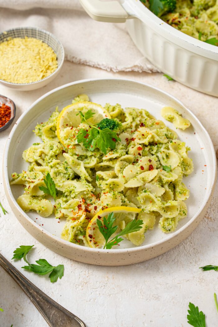 easy broccoli pasta served on a pasta plate