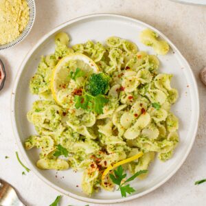 top down shot of easy broccoli pasta