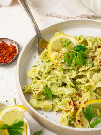a serving of easy broccoli pasta plant-based