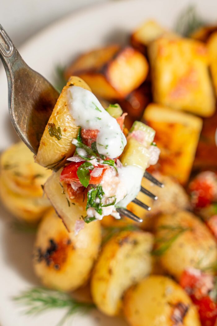 a spoonful of easy greek bowl contents close up
