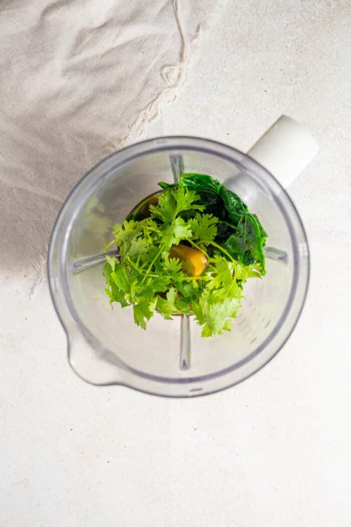 spinach in the blender, along with otehr herbs for the green soup base