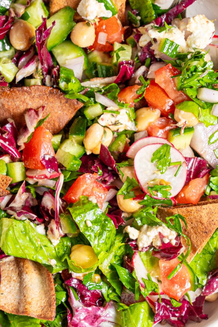 close up of fattoush salad with chickpeas