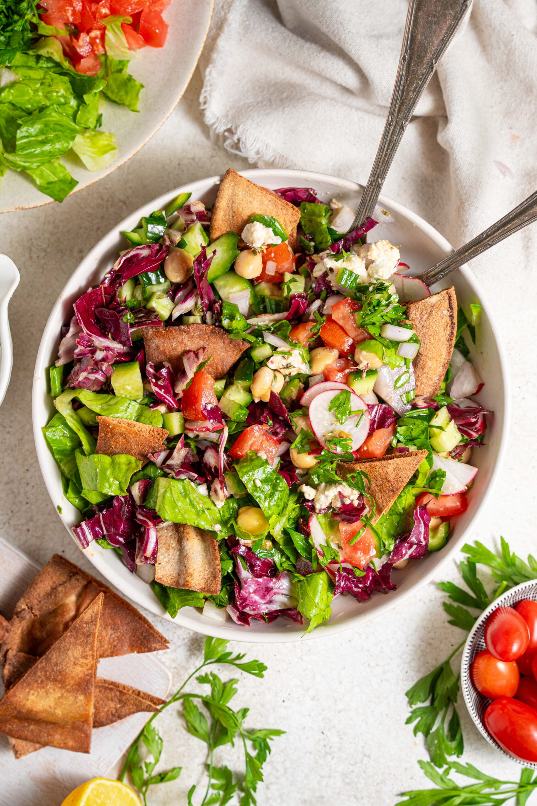 fattoush salad with chickpeas mixed together
