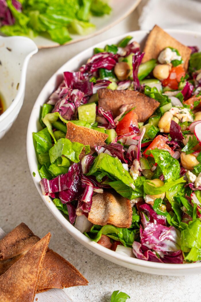 close up of fattoush salad with chickpeas mixed together
