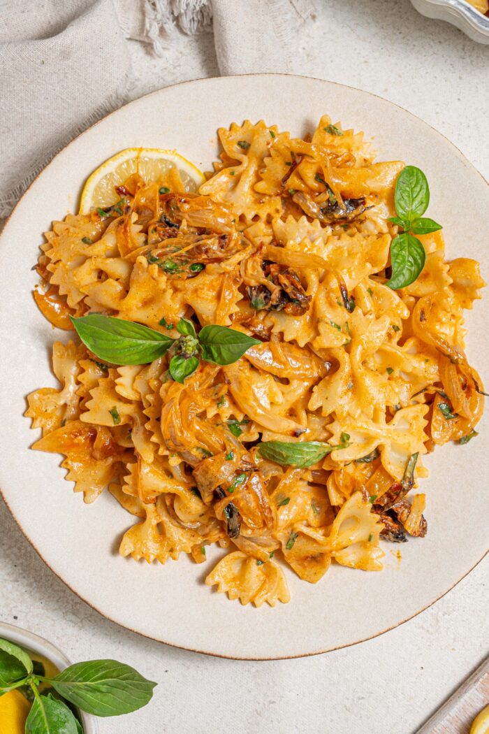 top view of one pan caramelized onion pasta