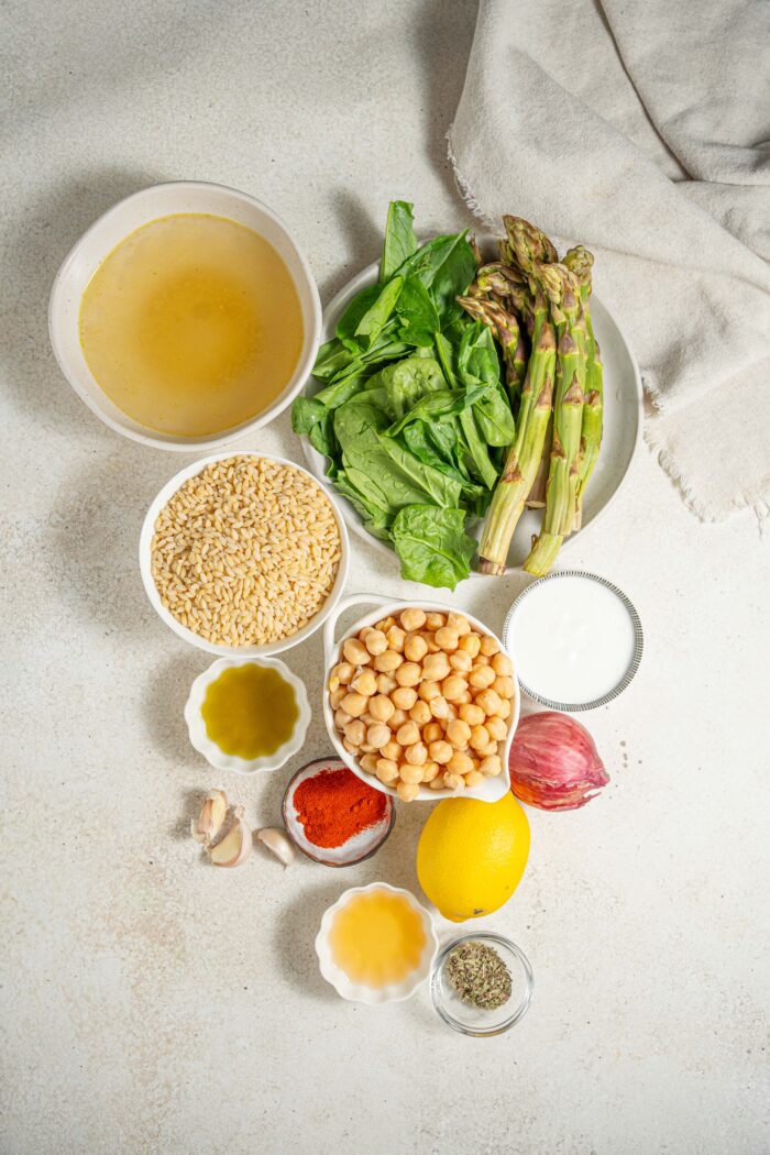 creamy lemon orzo ingredients laid out on a light background