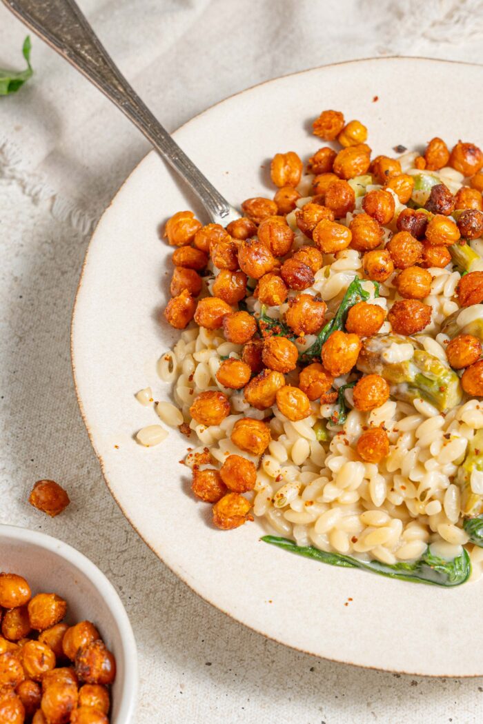 creamy lemon orzo topped with paprika chickpeas