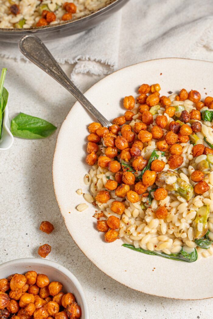 creamy lemon orzo topped with paprika chickpeas