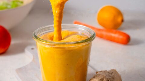 ginger carrot miso dressing transferred into a sealable jar