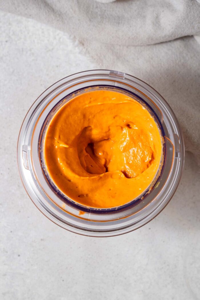 Blended creamy roasted red bell pepper sauce.