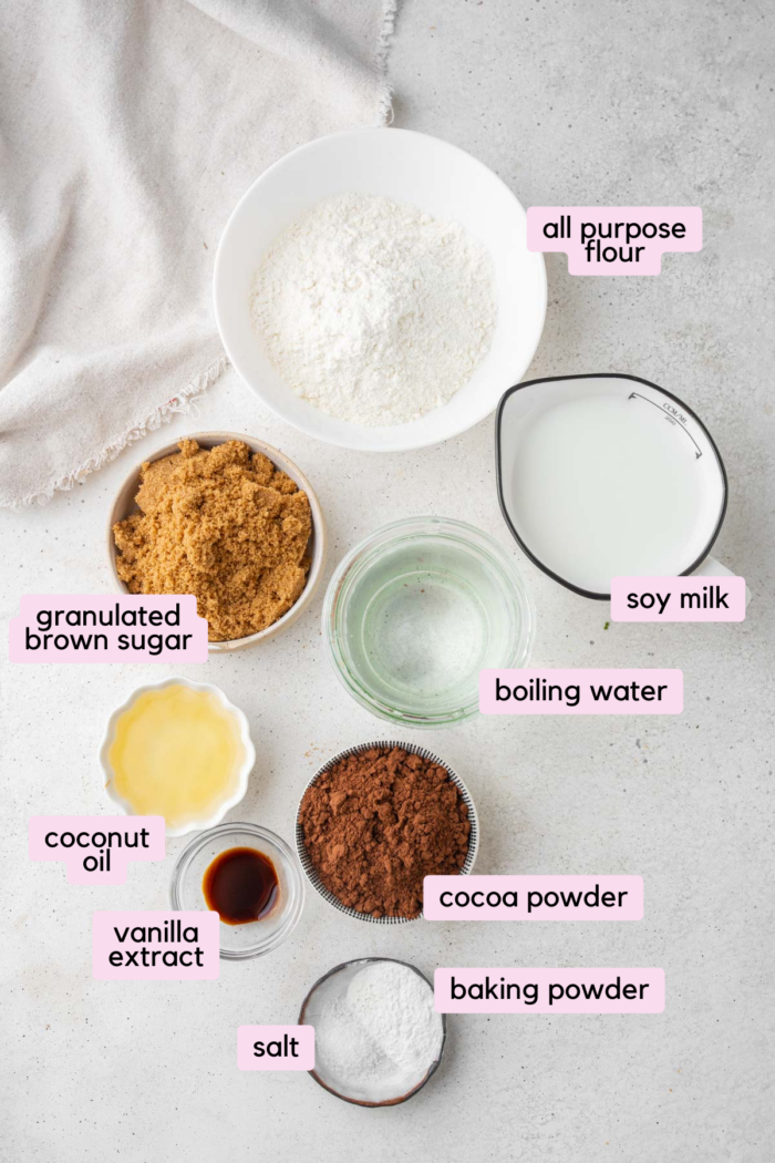 Pudding cake ingredients laid out and labeled.