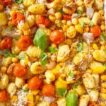 Close up of roasted vegetarian sheet pan gnocchi showing it in detail.