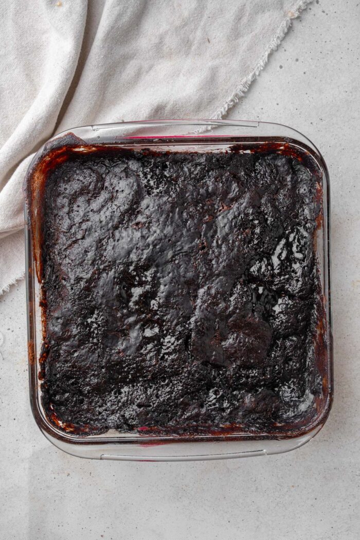 Ready pudding cake, still in the cake pan.