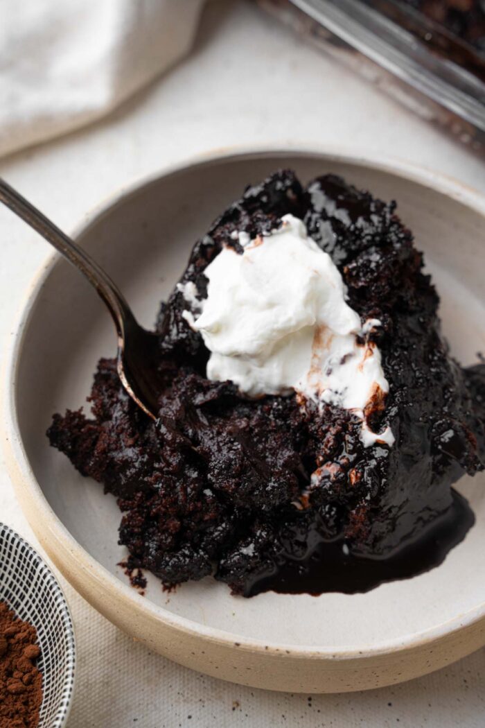 Pudding cake served with vegan ice cream.