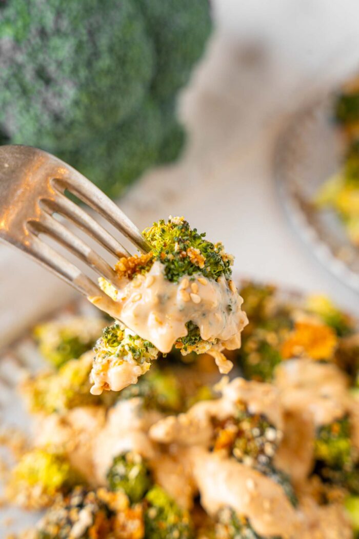 A close-up shot of a bang bang broccoli floret on a fork.