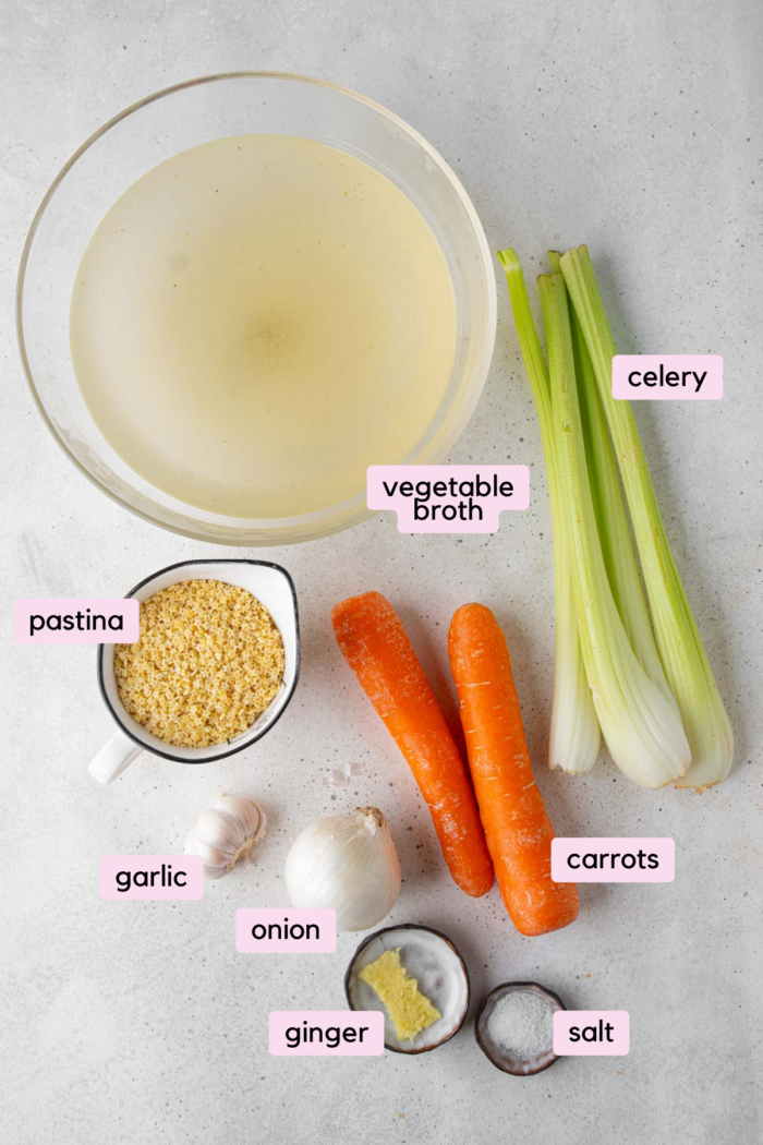 Italian penicillin soup ingredients laid out and labeled.